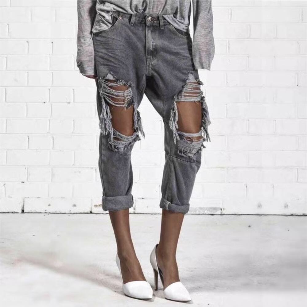 NWT One Teaspoon 26 Gray Distressed Busted Tapered Low Waist Denim Street Jeans